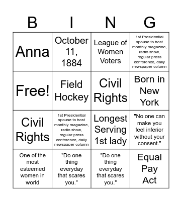 Eleanor Roosevelt Bingo Card