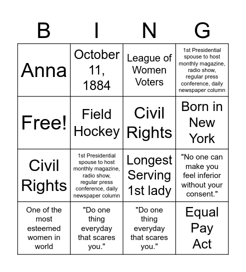 Eleanor Roosevelt Bingo Card