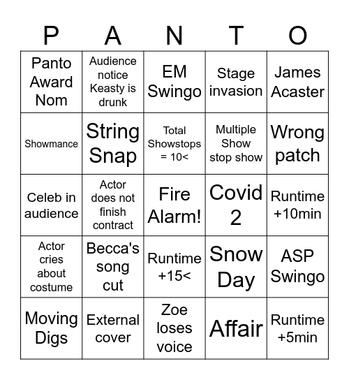 PANTO Bingo Card