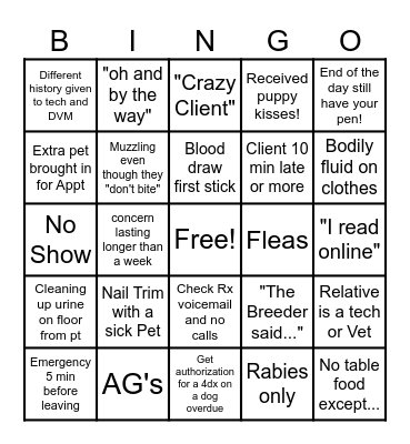 Vet Tech Bingo! Bingo Card