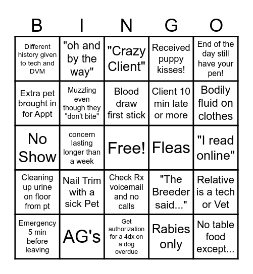 Vet Tech Bingo! Bingo Card