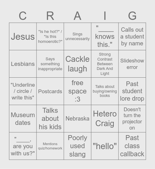 Craig Farmer Bingo Card