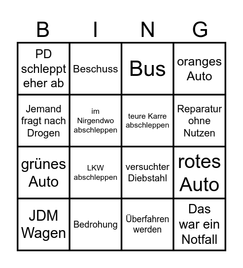 Abschlepp-Bingo Card