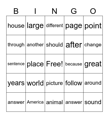 4th Grade Sight Words Bingo Card