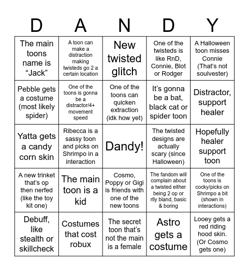 Dandy’s World Bingo Card