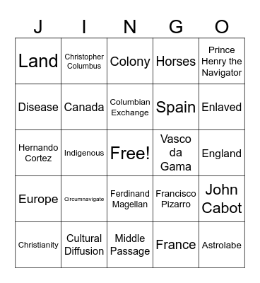 Age of Discovery Jingo Bingo Card