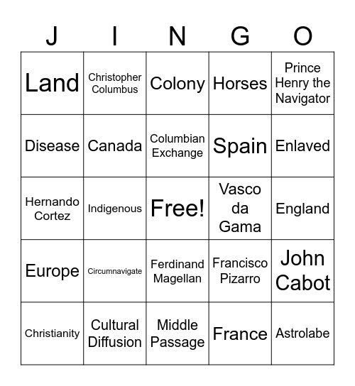 Age of Discovery Jingo Bingo Card