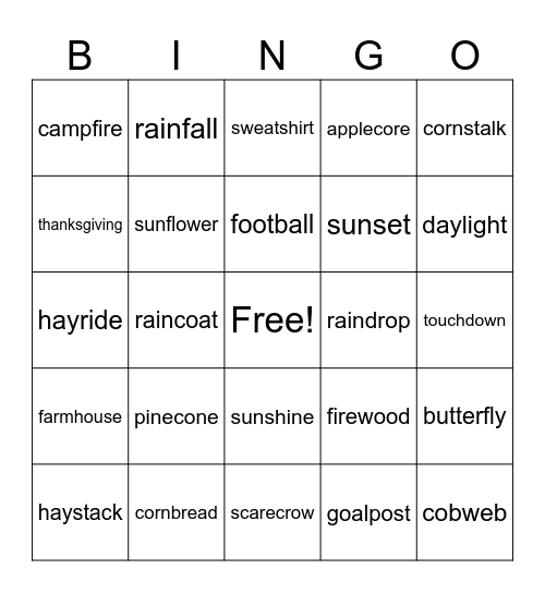 Autumn Compound Words Bingo Card