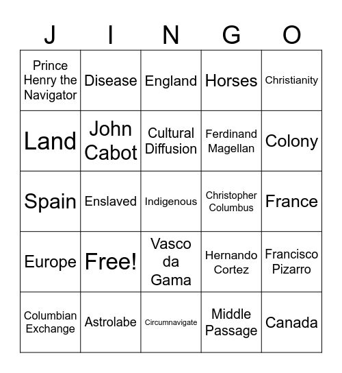 Age of Discovery Jingo Bingo Card
