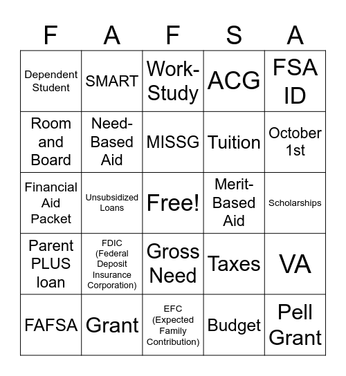 FAFSA Bingo Card