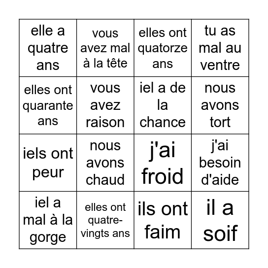 Expressions avec AVOIR Bingo Card