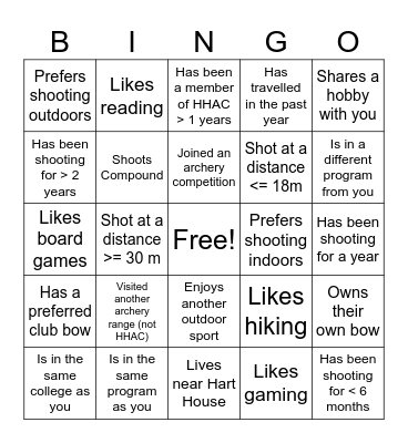 Archery Trip Bingo Card