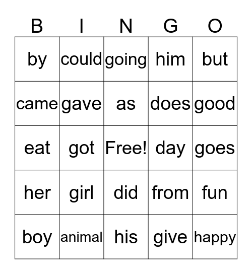 2G Words Bingo Card
