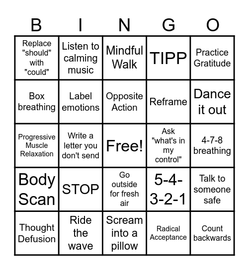 Emotional Regulation Bingo Card