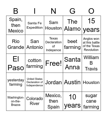 Texas History Bingo Card