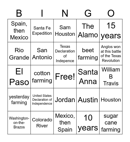 Texas History Bingo Card