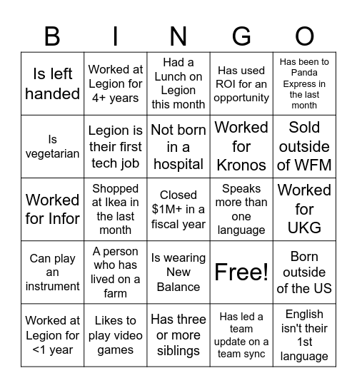 Legion SKO FY26 Bingo Card