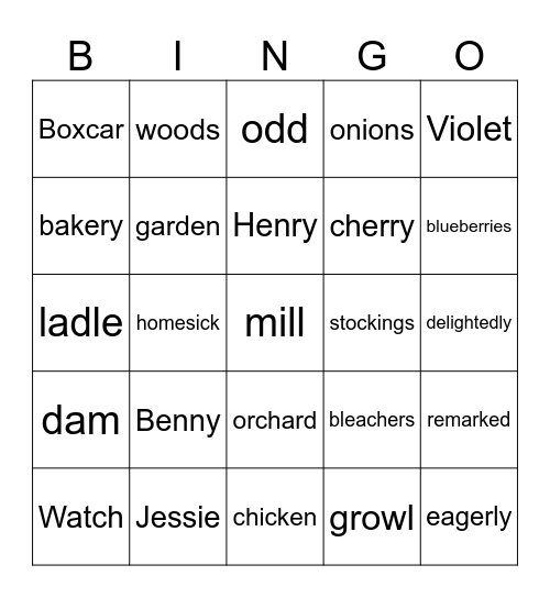 Boxcar Children Bingo Card
