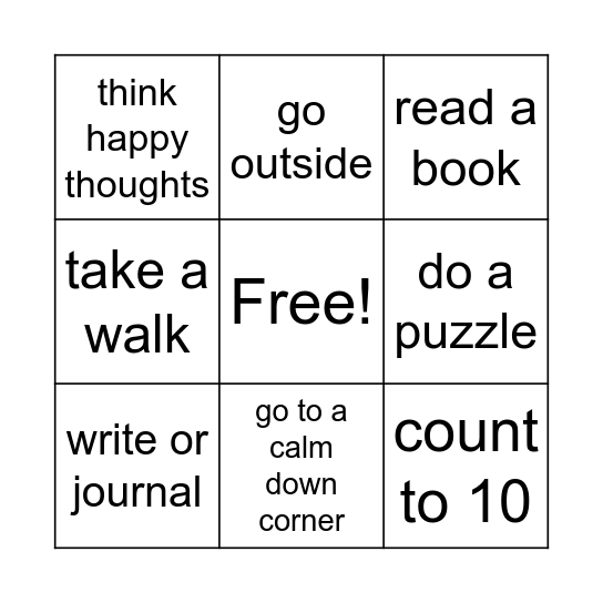 Coping Skills Bingo Card