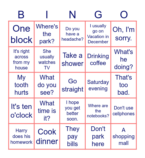Bingo English Level 1&2 Bingo Card
