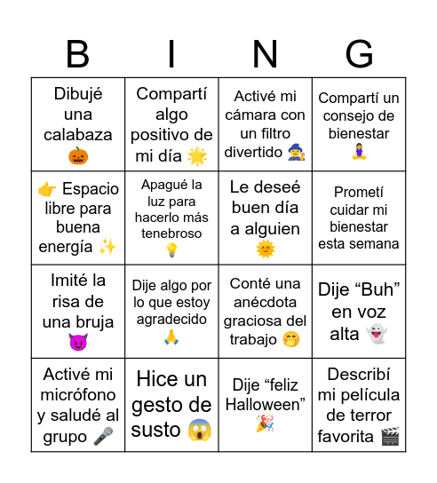 BINGO DEL TERROR Y BIENESTAR 🎃 Bingo Card