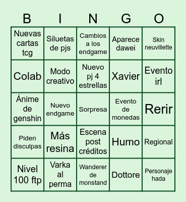 Luna 2 genshin Bingo Card
