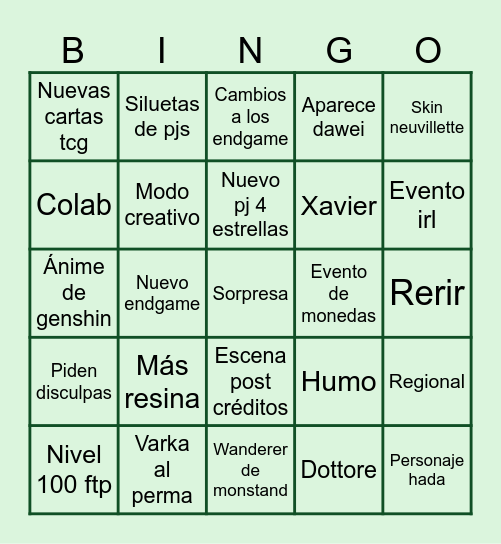 Luna 2 genshin Bingo Card