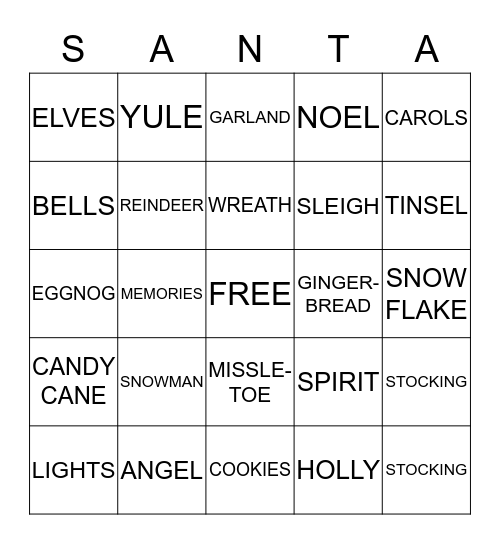 Rehab/TCC Christmas Bingo Card
