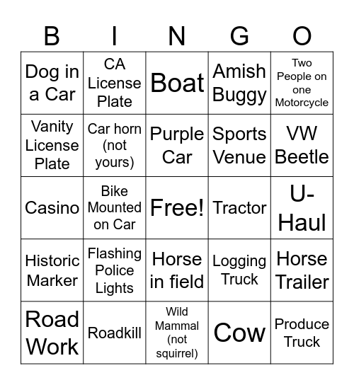 GETTYSBURG ROAD TRIP BINGO Card