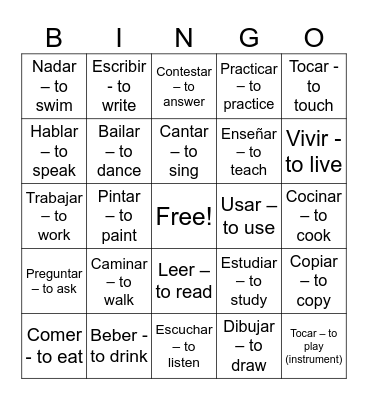 Spanish Regular Verbs BINGO Card