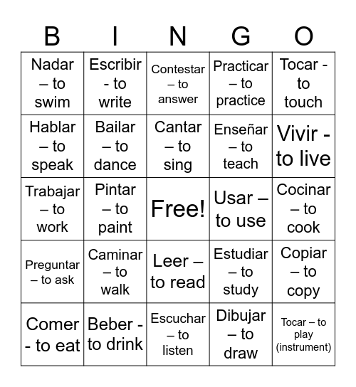 Spanish Regular Verbs BINGO Card