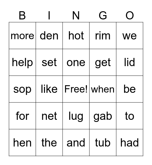 1st Grade Bingo Card