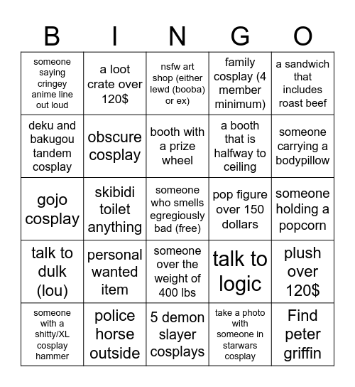 Comicon Bingo Card
