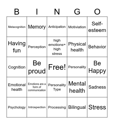 Emotional Regulation Bingo Card