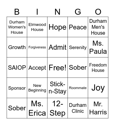 Recovery Bingo Card