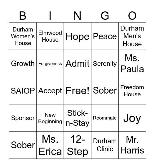 Recovery Bingo Card