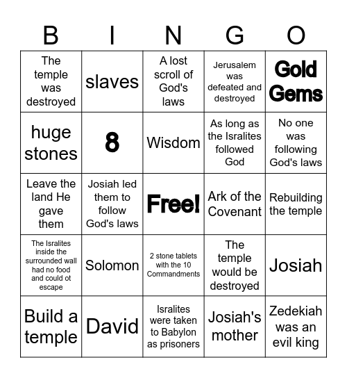 The Isralites from Solomon to the Fall of Jerusalem Bingo Card