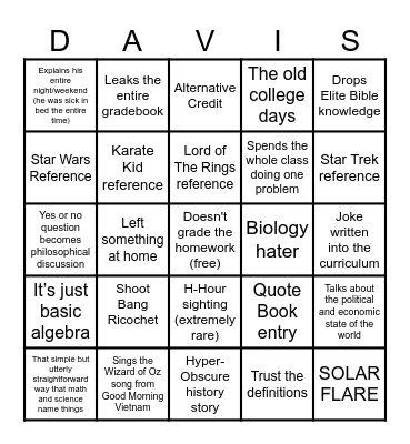 MR DAVIS BINGO Card