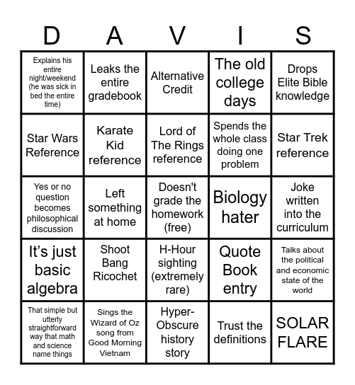 MR DAVIS BINGO Card