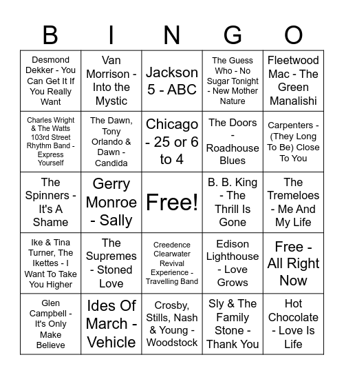 70's Bingo at Brother's Bingo Card