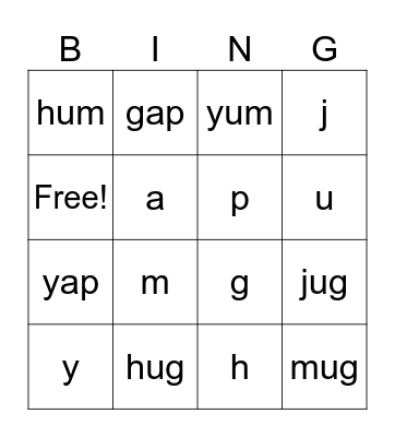 CVC - hug jug yum  + letters Bingo Card