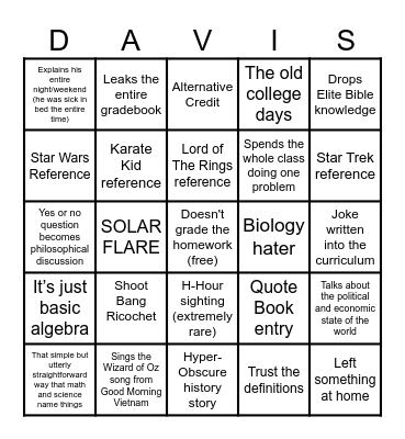 MR DAVIS BINGO Card