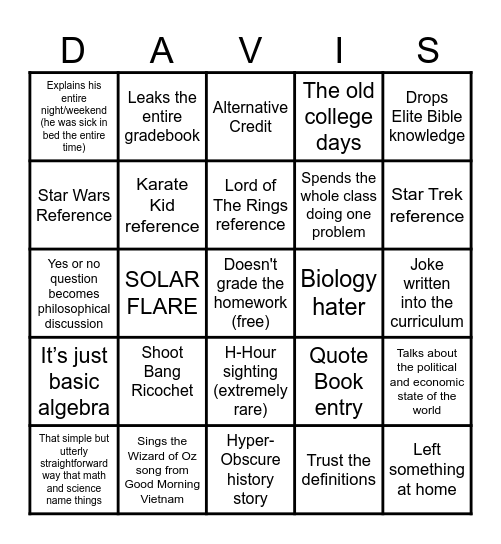 MR DAVIS BINGO Card