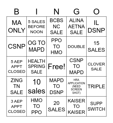 HEALTHINSURANCE.COM AEP BINGO Card
