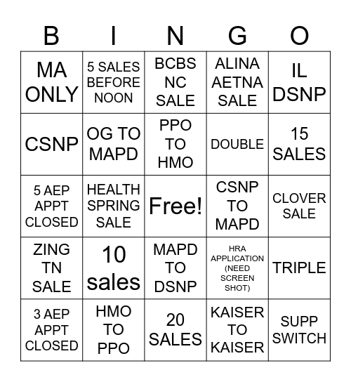 HEALTHINSURANCE.COM AEP BINGO Card