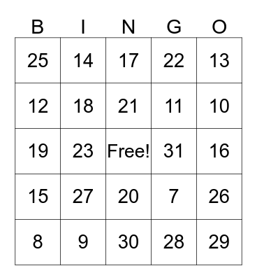 Number Bingo Card