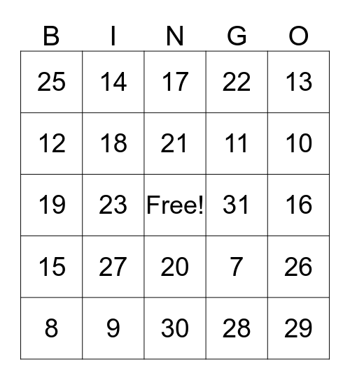 Number Bingo Card