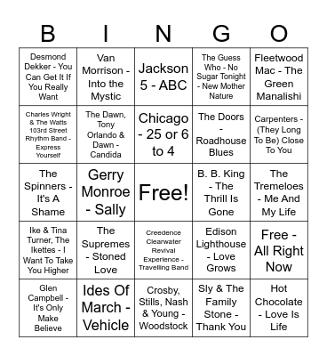 70's Bingo at Brother's Bingo Card