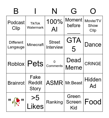 YT Shorts BINGO Card