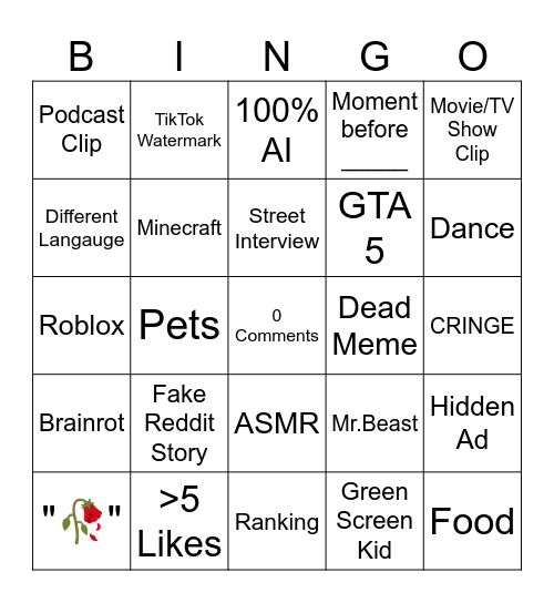 YT Shorts BINGO Card